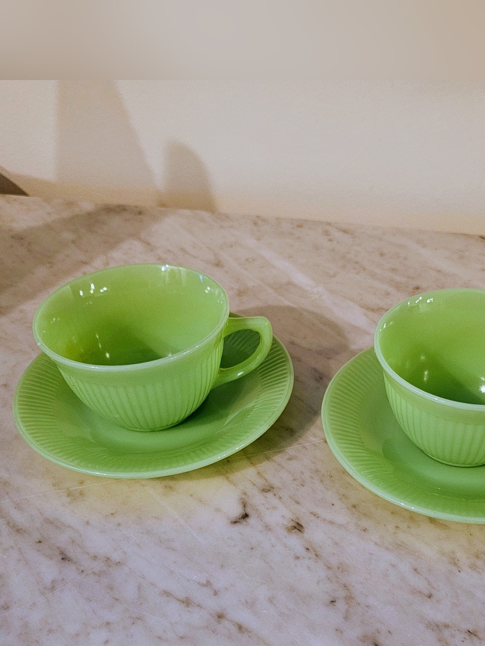 Jane Ray Lancaster Set Two Teacups and Saucers Jadeite Vintage